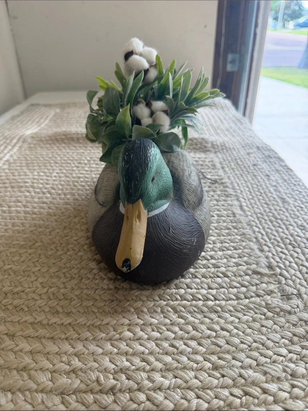 Green Mallard Duck Planter with Faux Greenery